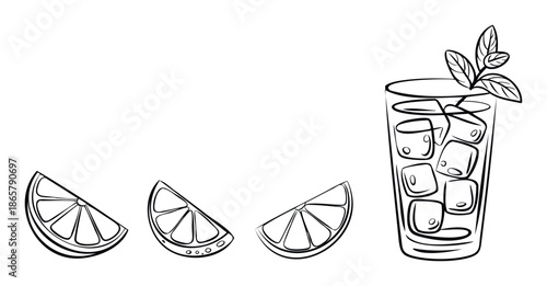 Hand drawn style depiction of a refreshing iced beverage with crisp mint leaves and vibrant citrus fruit slices suitable for culinary promotions, healthy lifestyle content, and summer drink