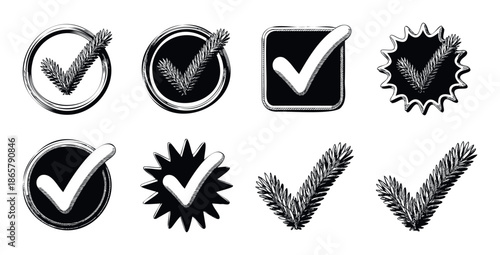 Hand drawn organic checkmark symbols and natural fir branch verification icons suitable for sustainable product certification, ecological branding, and rustic quality assurance badges.