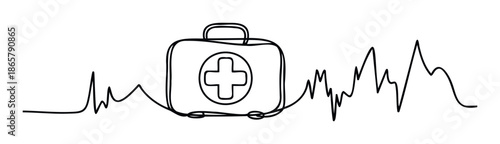First aid kit icon drawn with a single continuous line forming an electrocardiogram heartbeat pulse, perfect for health, safety, and emergency medical service communication.