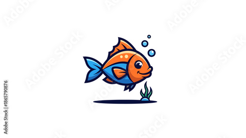 Cute cartoon orange and blue fish swimming underwater with bubbles.