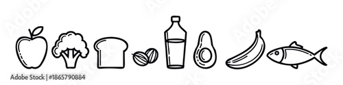 Simple outline food icons representing essential groceries and healthy nutrition for various applications including dietary planning, recipe development, and wellness promotion materials