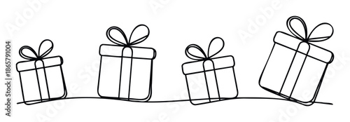 Continuous line drawing of multiple gift boxes with bows representing celebration and holiday spirit for festive greetings and seasonal marketing promotions