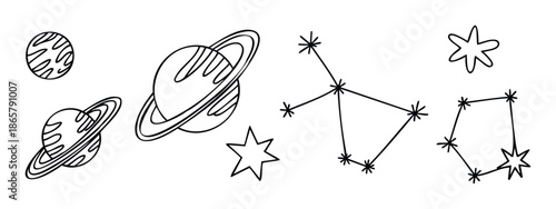 Hand drawn cosmic space objects including planets, rings, stars, and constellations provide fun visual assets for educational materials and childrens activity books.