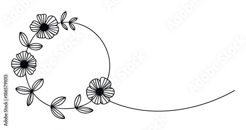 Minimalist botanical line drawing of a round floral frame with delicate flowers and leaves, ideal for elegant invitations, celebratory borders, or decorative graphic accents.