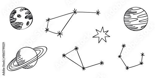 Hand drawn cosmic elements set featuring planets with continents, striped planets, ringed Saturn, intricate constellations, and sparkling stars, perfect for spacethemed projects, childrens