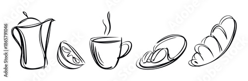 Hand drawn sketch style collection featuring morning breakfast items like coffee pot lemon tea cup cookies and croissant ideal for cafe menu designs or food related advertising