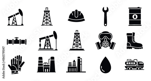 This comprehensive collection of oil and gas industry icons provides essential visuals for energy production, exploration, refining, safety, and transportation concepts, ideal for