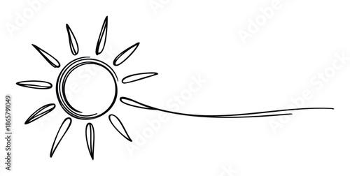 Playful hand drawn sun graphic with flowing ray line perfect for summer season promotions, travel content, or cheerful educational materials