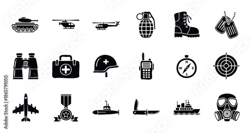 Army and military themed vector illustrations featuring combat vehicles, weapons, communication devices, and tactical gear for defenserelated content and security services.