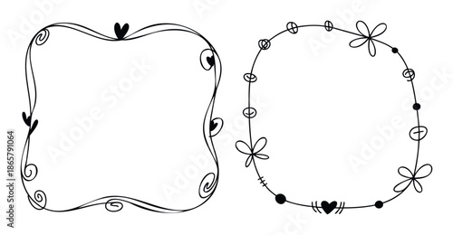 Playful hand drawn decorative frames with doodle hearts and swirl accents perfect for adding a whimsical touch to invitations, greeting cards, and social media posts