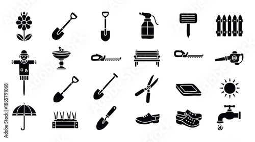 A comprehensive collection of gardening and outdoor activity icons perfect for agricultural projects landscape design resources and hobby farming guides