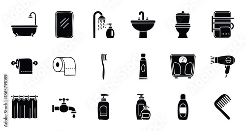Collection of essential bathroom and personal hygiene flat black glyph icons for various web interfaces, mobile applications, home living, self care product advertisements, and domestic