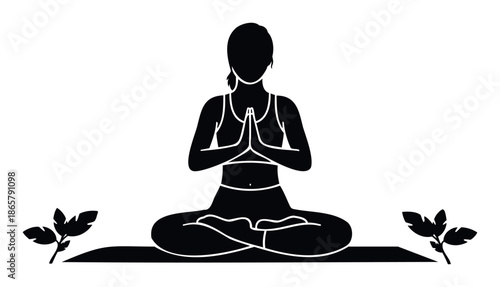 A serene silhouette of a woman practicing yoga in the lotus position with hands in prayer mudra, surrounded by calming plant motifs for health and wellness related projects.