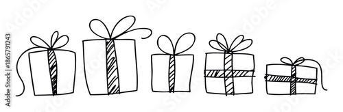 Simple hand drawn gift boxes with bows and stripes are perfect for holiday greeting cards festive celebrations social media posts and printable sticker designs