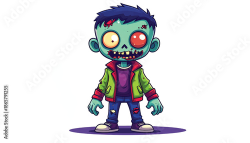 Cartoon Zombie Boy with Mismatched Eyes and Tattered Clothes.
