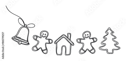 Simple line drawing of a Christmas bell and gingerbread cookies including a man, house, and tree, perfect for holiday greeting posters or festive seasonal event invitations.