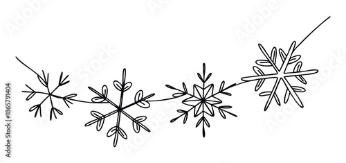 Decorative string of whimsical hand drawn snowflakes in a continuous line style perfect for holiday celebrations, winter events, seasonal greeting decorations, and festive graphical projects