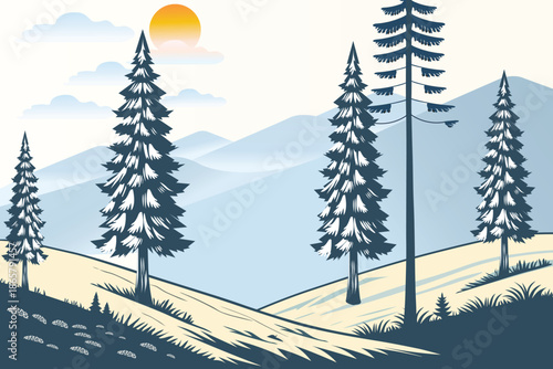Winter Landscape with Snow-Covered Hills, Pine Trees sunrise and birds. Nature background for Christmas or New Year. Peaceful wintertime scene.