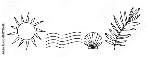 Simple black line drawing featuring a radiating sun, calm ocean waves, a classic seashell, and a tropical palm leaf, perfect for summer holiday promotions and beach themed events.