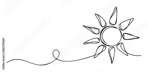 Minimalist single line sun symbol for a fresh weather forecast interface, naturethemed blog graphics, or a simple decorative accent on childrens book covers and greeting cards