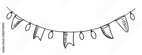 Hand drawn festive party garland featuring strung pennant flags and decorative lights perfect for celebration announcements event invitations or seasonal greeting backgrounds