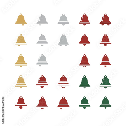 Collection of colorful bell shapes arranged in a grid pattern, representing various notification alerts and festive holiday themes, creating a cheerful and organized visual.