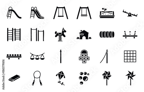 Extensive collection of playground equipment and childrens outdoor activity symbols for educational materials, game development, public park signage, or website icons