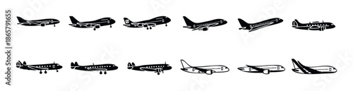 A versatile collection of modern and vintage airplane silhouettes, including passenger jets and propeller aircraft, ideal for aviation industry graphics, travel advertisements, and