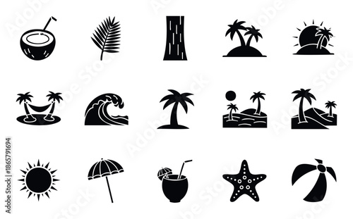 A collection of tropical beach vacation travel icons representing summer holidays, paradise islands, relaxation, and fun activities, perfect for travel agencies, resort promotions, or