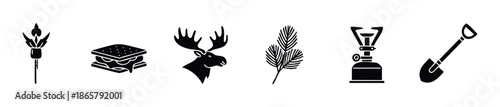 Simple black silhouette icons representing outdoor adventures and camping essentials like a smore, moose, pine branch, camping stove, and shovel, useful for various commercial applications.