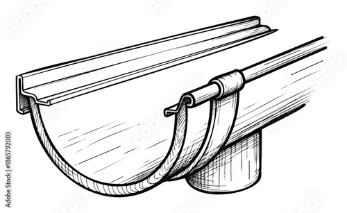 Detailed architectural drawing of a residential rainwater gutter system showing its essential components and typical connection for home construction and maintenance applications