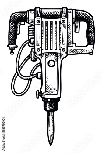 Detailed handdrawn vintage style jackhammer, a powerful pneumatic heavy construction demolition tool, perfect for industrial equipment catalogs and laborthemed graphic design projects