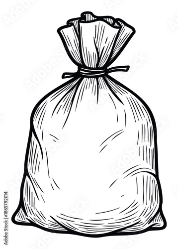 Vintage line drawing of a closed cloth bag tied at the top suitable for conveying themes of storage freshness or natural ingredients in marketing materials