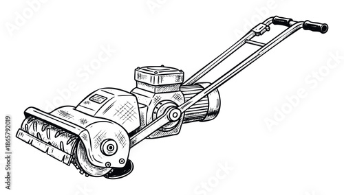 Professional lawn care scarifier equipment with an engine and rotating blades in a hand drawn sketch style for garden maintenance services and home improvement projects.