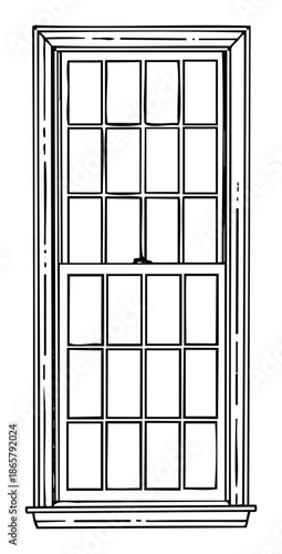 A classic architectural double hung sash window with multiple glass panes and a sturdy frame and sill provides a versatile visual asset for architectural design, home improvement, and