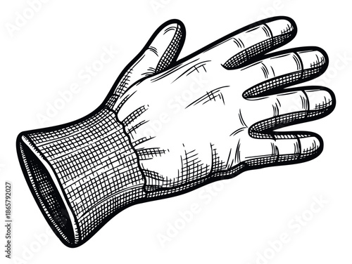 Hand drawn monochrome sketch of a protective work glove, suitable for various industrial, safety, or household cleaning and gardening projects