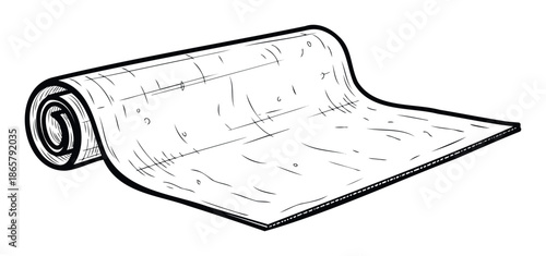 Minimalist black and white line drawing of a partially unrolled fabric mat or yoga accessory, useful for home furnishing projects, fitness website graphics, or interior design concepts.