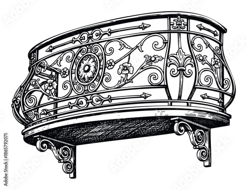 Ornate classical balcony railing with decorative wrought iron scrolls and floral accents, perfect for architectural drawings, vintage decor concepts, or elegant building facade