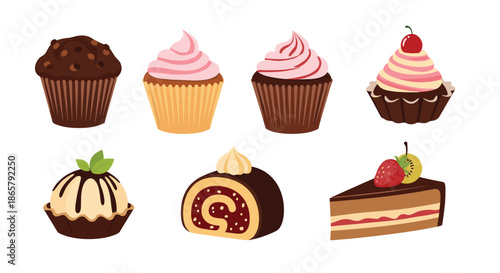 Delicious assortment of seven cakes and pastries, including cupcakes, a swiss roll, and a slice of chocolate cake for a bakery.