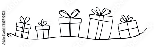Hand drawn outline of multiple festive gift boxes with bows arranged in a decorative line, perfect for holiday event marketing, party invitations, or celebration themed social media