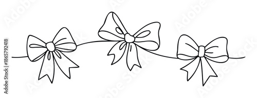 Decorative line drawing of three festive bows connected by a graceful ribbon, perfect for holiday season announcements, gift wrapping motifs, or celebratory event invitations.
