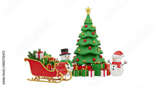 Christmas Scene with Snowmen, Sleigh, and Decorated Tree