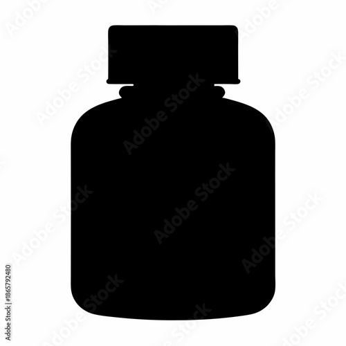 Simple black silhouette of a supplement or medicine bottle with a closure Vector, illustration