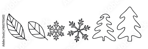 Simple outline drawings of natural elements like autumn leaves, winter snowflakes, and evergreen trees for seasonal graphic projects and holiday decorations