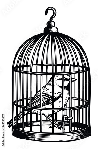 An intricate black and white illustration shows a charming small bird sitting inside a classic hanging cage, perfect for concepts related to domestication, wildlife, or historical designs.