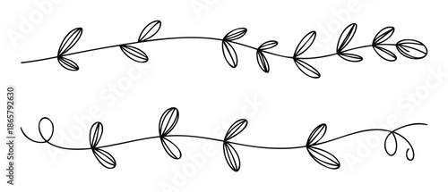 Simple black line drawing of decorative botanical borders with small leaves and elegant swirls perfect for wedding invitations, greeting cards, or subtle graphic enhancements