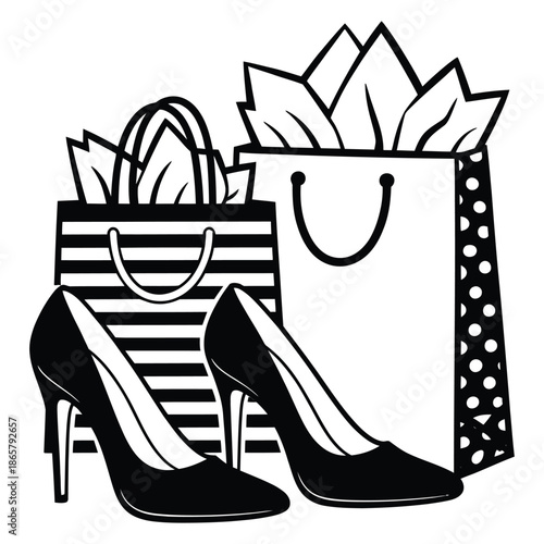 Fashionable black high heels with shopping bags illustration depicting shopping spree, retail therapy, and fashionista lifestyle illustration