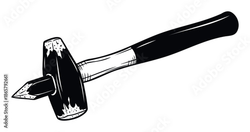 Classic monochrome hammer tool with a pointed end, ideal for construction, carpentry, and repair work related projects and vintage themed presentations