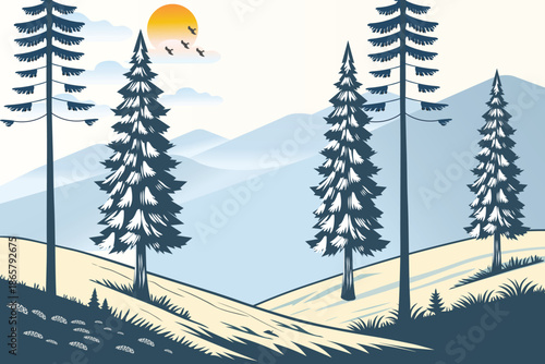 Winter Landscape with Snow-Covered Hills, Pine Trees sunrise and birds. Nature background for Christmas or New Year. Peaceful wintertime scene.