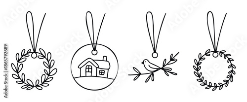 Collection of simple black outline festive ornaments featuring a wreath, a cozy winter house, and a charming bird on a branch, perfect for holiday season decorations and greeting projects.